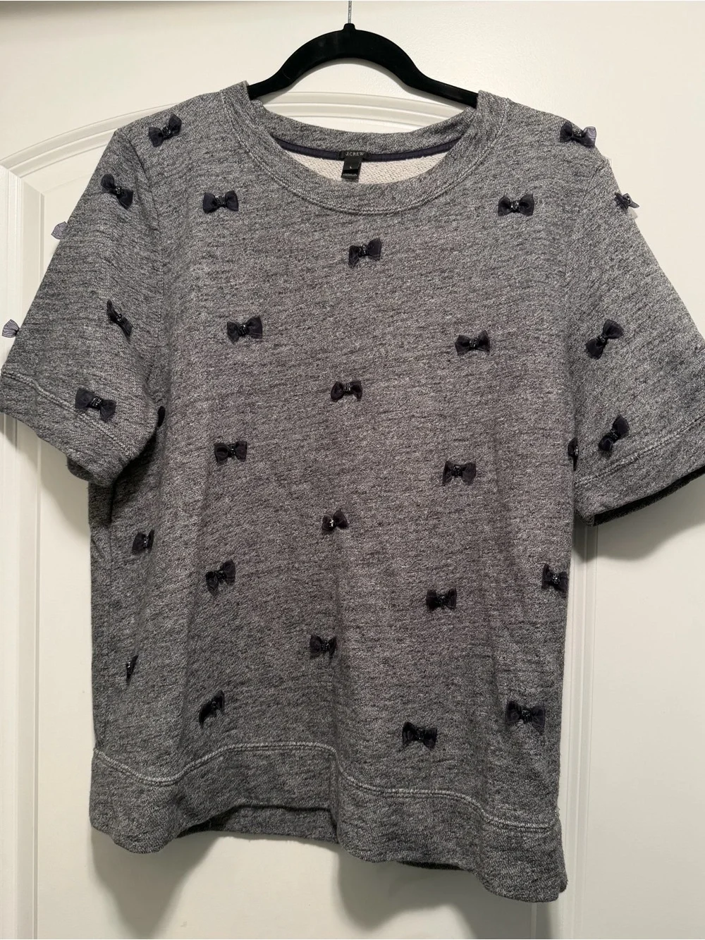 J.Crew Bow Short Sleeve Sweatshirt Gray Embellished Top Size Large